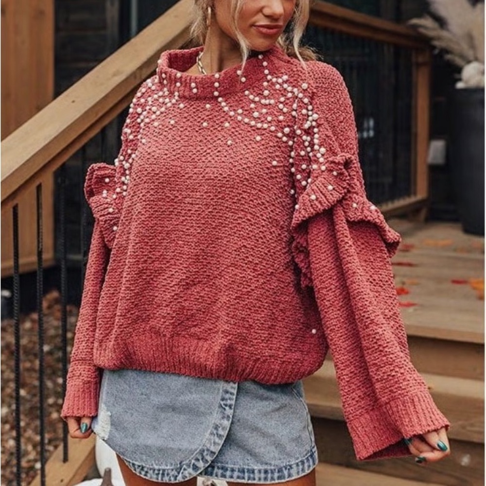 Women's Pearl Embellished Sweater - Pink